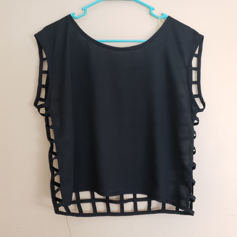 Black Poppy Caged Back Top Black Sz Medium E5